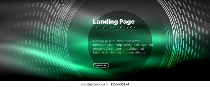Líneas tecno brillantes neón, plantilla de fondo abstracto de alta tecnología futurista con círculos, plantilla de página de aterrizaje. Ilustración del vector