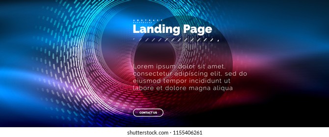 Neon leuchtende Techno-Linien, High-Tech-futuristische abstrakte Hintergrund-Vorlage mit Kreisen, Landing Page Template. Vektorgrafik