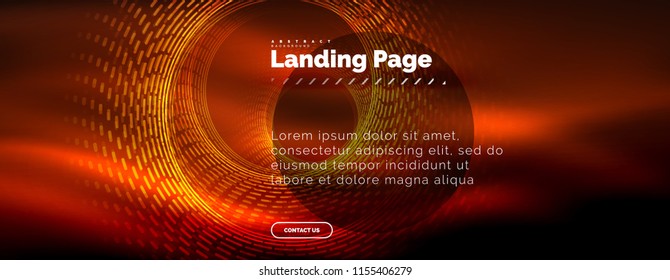 Neon glowing techno lines, hi-tech futuristic abstract background template with circles, landing page template. Vector illustration