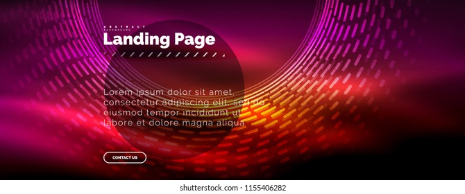Neon glowing techno lines, hi-tech futuristic abstract background template with circles, landing page template. Vector illustration