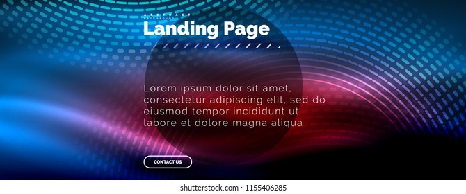 Neon glowing techno lines, hi-tech futuristic abstract background template with circles, landing page template. Vector illustration
