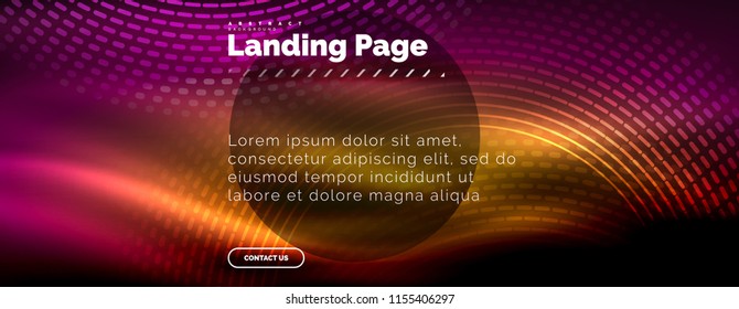 Neon glowing techno lines, hi-tech futuristic abstract background template with circles, landing page template. Vector illustration