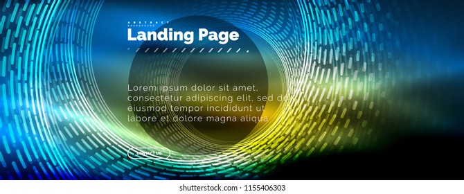 Neon glowing techno lines, hi-tech futuristic abstract background template with circles, landing page template. Vector illustration