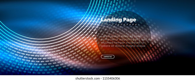 Neon glowing techno lines, hi-tech futuristic abstract background template with circles, landing page template. Vector illustration