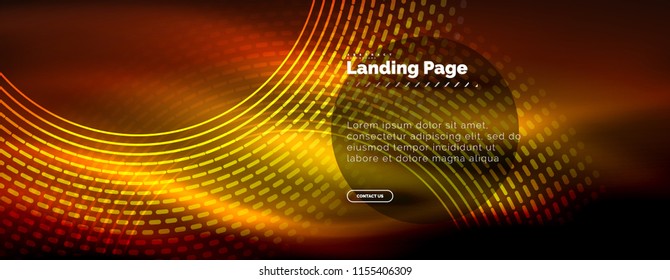 Neon glowing techno lines, hi-tech futuristic abstract background template with circles, landing page template. Vector illustration