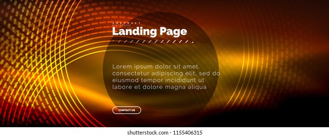Líneas tecno brillantes neón, plantilla de fondo abstracto de alta tecnología futurista con círculos, plantilla de página de aterrizaje. Ilustración del vector