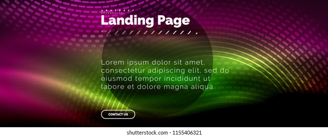 Neon glowing techno lines, hi-tech futuristic abstract background template with circles, landing page template. Vector illustration