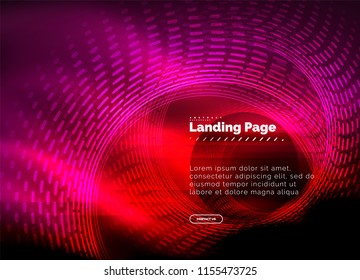 Neon glowing techno lines, hi-tech futuristic abstract background template with circles, landing page template. Vector illustration