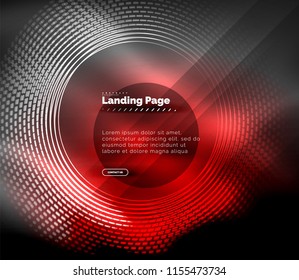 Neon glowing techno lines, hi-tech futuristic abstract background template with circles, landing page template. Vector illustration