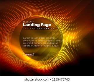 Neon glowing techno lines, hi-tech futuristic abstract background template with circles, landing page template. Vector illustration