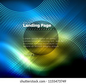 Neon glowing techno lines, hi-tech futuristic abstract background template with circles, landing page template. Vector illustration