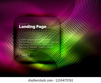 Neon glowing techno lines, hi-tech futuristic abstract background template with circles, landing page template. Vector illustration