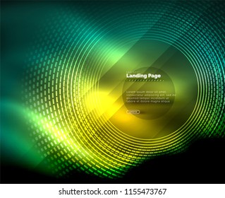 Neon glowing techno lines, hi-tech futuristic abstract background template with circles, landing page template. Vector illustration