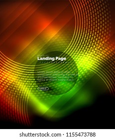 Líneas tecno brillantes neón, plantilla de fondo abstracto de alta tecnología futurista con círculos, plantilla de página de aterrizaje. Ilustración del vector