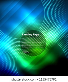 Neon leuchtende Techno-Linien, High-Tech-futuristische abstrakte Hintergrund-Vorlage mit Kreisen, Landing Page Template. Vektorgrafik
