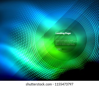 Neon glowing techno lines, hi-tech futuristic abstract background template with circles, landing page template. Vector illustration