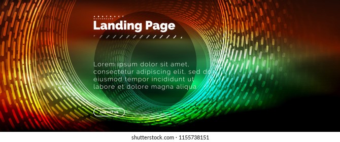 Neon glowing techno lines, hi-tech futuristic abstract background template with circles, landing page template. Vector illustration