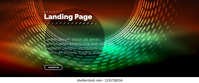 Líneas tecno brillantes neón, plantilla de fondo abstracto de alta tecnología futurista con círculos, plantilla de página de aterrizaje. Ilustración del vector