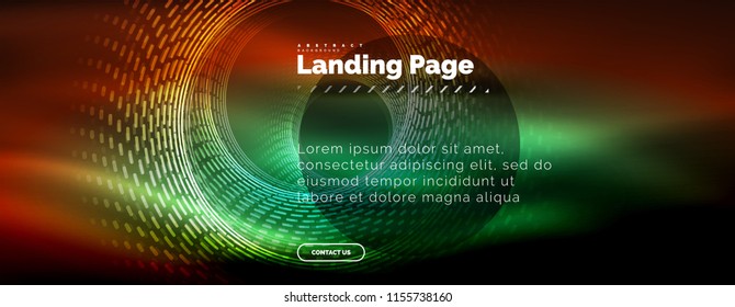 Neon glowing techno lines, hi-tech futuristic abstract background template with circles, landing page template. Vector illustration