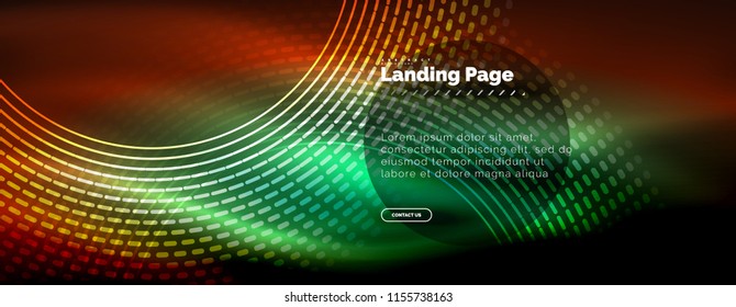 Neon glowing techno lines, hi-tech futuristic abstract background template with circles, landing page template. Vector illustration