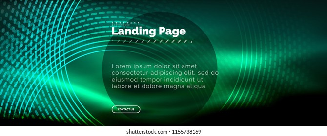 Líneas tecno brillantes neón, plantilla de fondo abstracto de alta tecnología futurista con círculos, plantilla de página de aterrizaje. Ilustración del vector