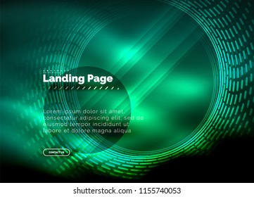 Neon glowing techno lines, hi-tech futuristic abstract background template with circles, landing page template. Vector illustration