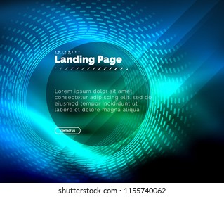 Neon glowing techno lines, hi-tech futuristic abstract background template with circles, landing page template. Vector illustration