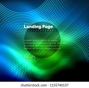 Líneas tecno brillantes neón, plantilla de fondo abstracto de alta tecnología futurista con círculos, plantilla de página de aterrizaje. Ilustración del vector