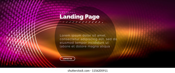 Neon glowing techno lines, hi-tech futuristic abstract background template with circles, landing page template. Vector illustration