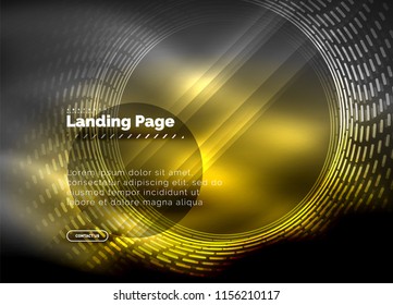 Líneas tecno brillantes neón, plantilla de fondo abstracto de alta tecnología futurista con círculos, plantilla de página de aterrizaje. Ilustración del vector