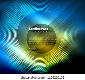 Neon glowing techno lines, hi-tech futuristic abstract background template with circles, landing page template. Vector illustration