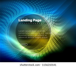 Neon glowing techno lines, hi-tech futuristic abstract background template with circles, landing page template. Vector illustration