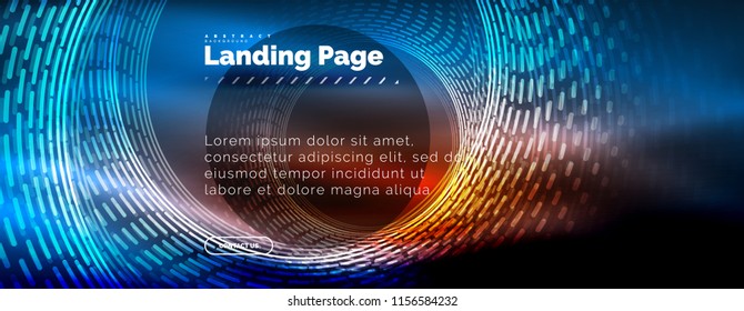 Neon glowing techno lines, hi-tech futuristic abstract background template with circles, landing page template. Vector illustration
