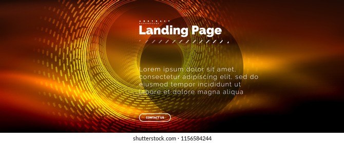 Neon glowing techno lines, hi-tech futuristic abstract background template with circles, landing page template. Vector illustration