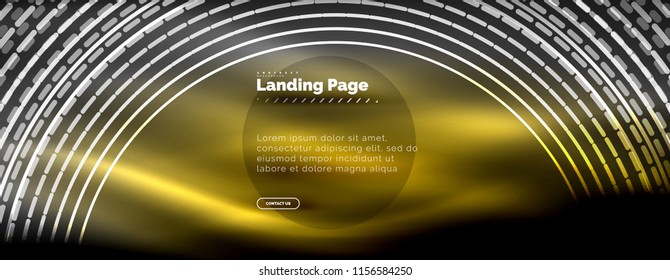 Líneas tecno brillantes neón, plantilla de fondo abstracto de alta tecnología futurista con círculos, plantilla de página de aterrizaje. Ilustración del vector