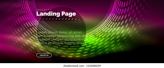 Neon glowing techno lines, hi-tech futuristic abstract background template with circles, landing page template. Vector illustration