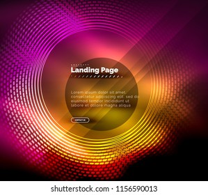 Neon glowing techno lines, hi-tech futuristic abstract background template with circles, landing page template. Vector illustration