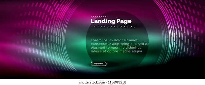 Neon glowing techno lines, hi-tech futuristic abstract background template with circles, landing page template. Vector illustration