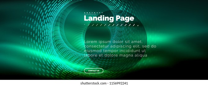 Líneas tecno brillantes neón, plantilla de fondo abstracto de alta tecnología futurista con círculos, plantilla de página de aterrizaje. Ilustración del vector
