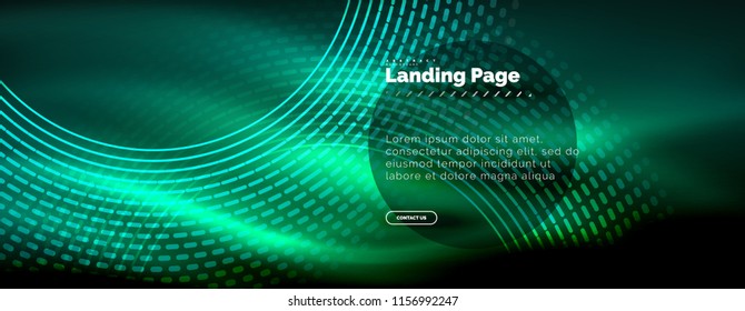 Neon glowing techno lines, hi-tech futuristic abstract background template with circles, landing page template. Vector illustration
