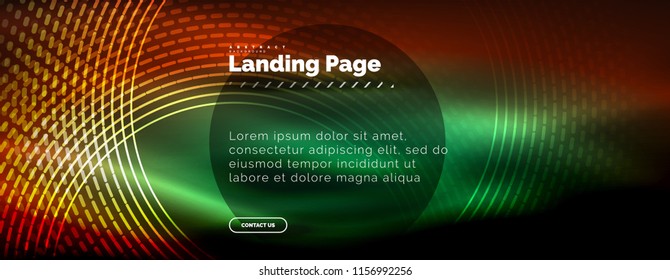 Neon glowing techno lines, hi-tech futuristic abstract background template with circles, landing page template. Vector illustration