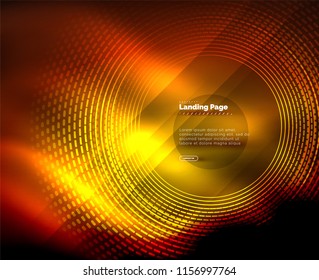 Neon glowing techno lines, hi-tech futuristic abstract background template with circles, landing page template. Vector illustration