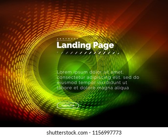 Neon glowing techno lines, hi-tech futuristic abstract background template with circles, landing page template. Vector illustration