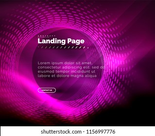 Neon glowing techno lines, hi-tech futuristic abstract background template with circles, landing page template. Vector illustration