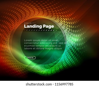 Neon leuchtende Techno-Linien, High-Tech-futuristische abstrakte Hintergrund-Vorlage mit Kreisen, Landing Page Template. Vektorgrafik