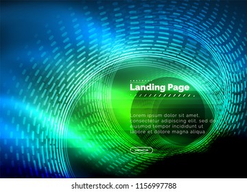 Neon leuchtende Techno-Linien, High-Tech-futuristische abstrakte Hintergrund-Vorlage mit Kreisen, Landing Page Template. Vektorgrafik