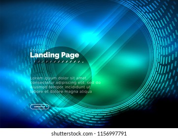 Líneas tecno brillantes neón, plantilla de fondo abstracto de alta tecnología futurista con círculos, plantilla de página de aterrizaje. Ilustración del vector