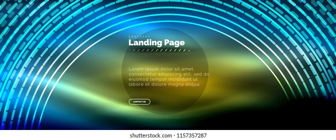 Neon glowing techno lines, hi-tech futuristic abstract background template with circles, landing page template. Vector illustration