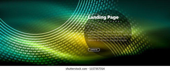 Neon glowing techno lines, hi-tech futuristic abstract background template with circles, landing page template. Vector illustration