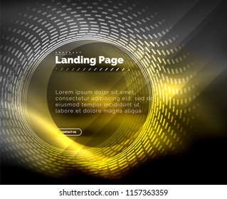 Neon glowing techno lines, hi-tech futuristic abstract background template with circles, landing page template. Vector illustration